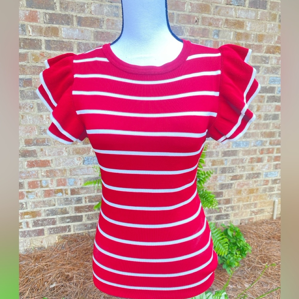 Ee:some NWT Red White Striped Ruffled Cap Sleeve Knit Sweater Top Large Gameday